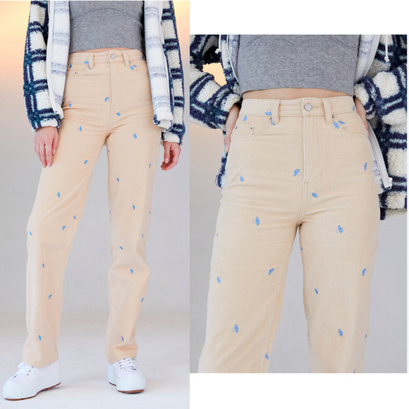 Pacsun Micro Embroidered Mushroom Cream Corduroy 90's Boyfriend Pants 24 - Picture 1 of 10